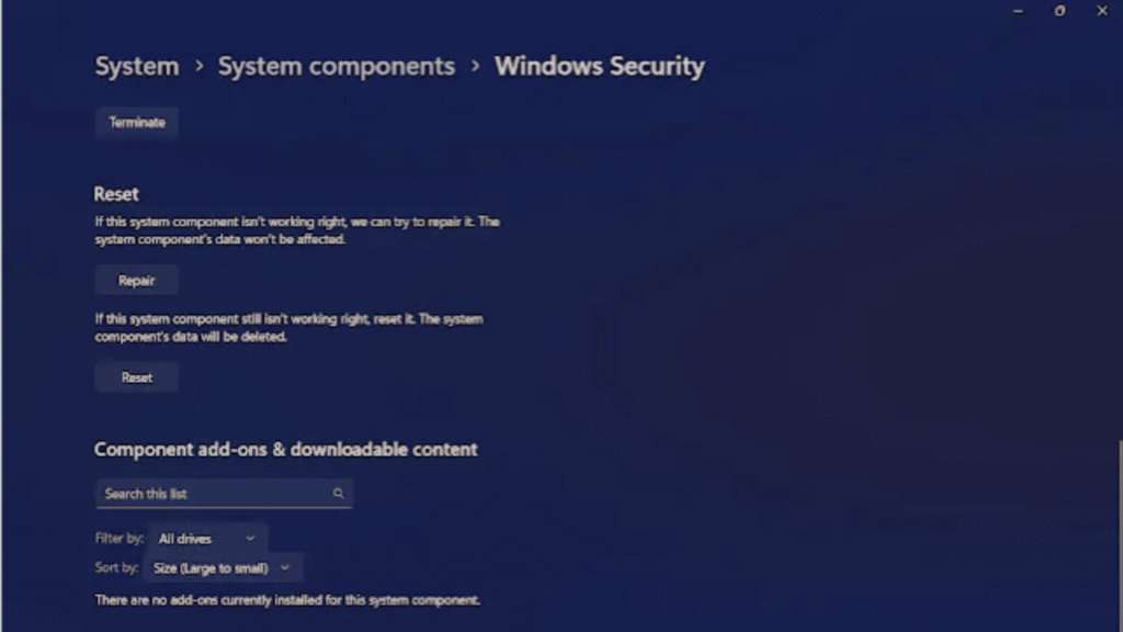 Check and Reset Windows Security in Settings