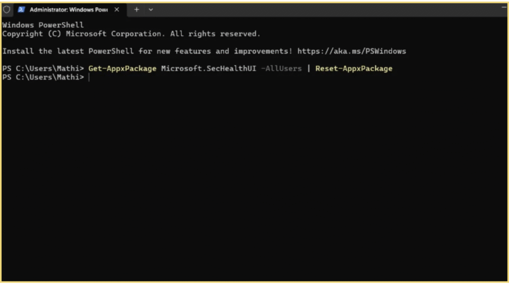 Reset Windows Security via PowerShell.